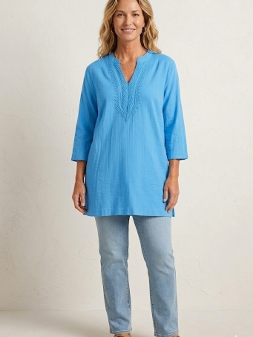 Appleseed's Embroidered Cotton Slub Tunic - Coastal Blue 3/4 Sleeve Blouse Sz XL